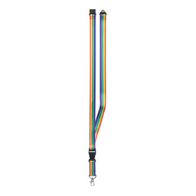 Rpet regenboog lanyard met safetyclip in de nek